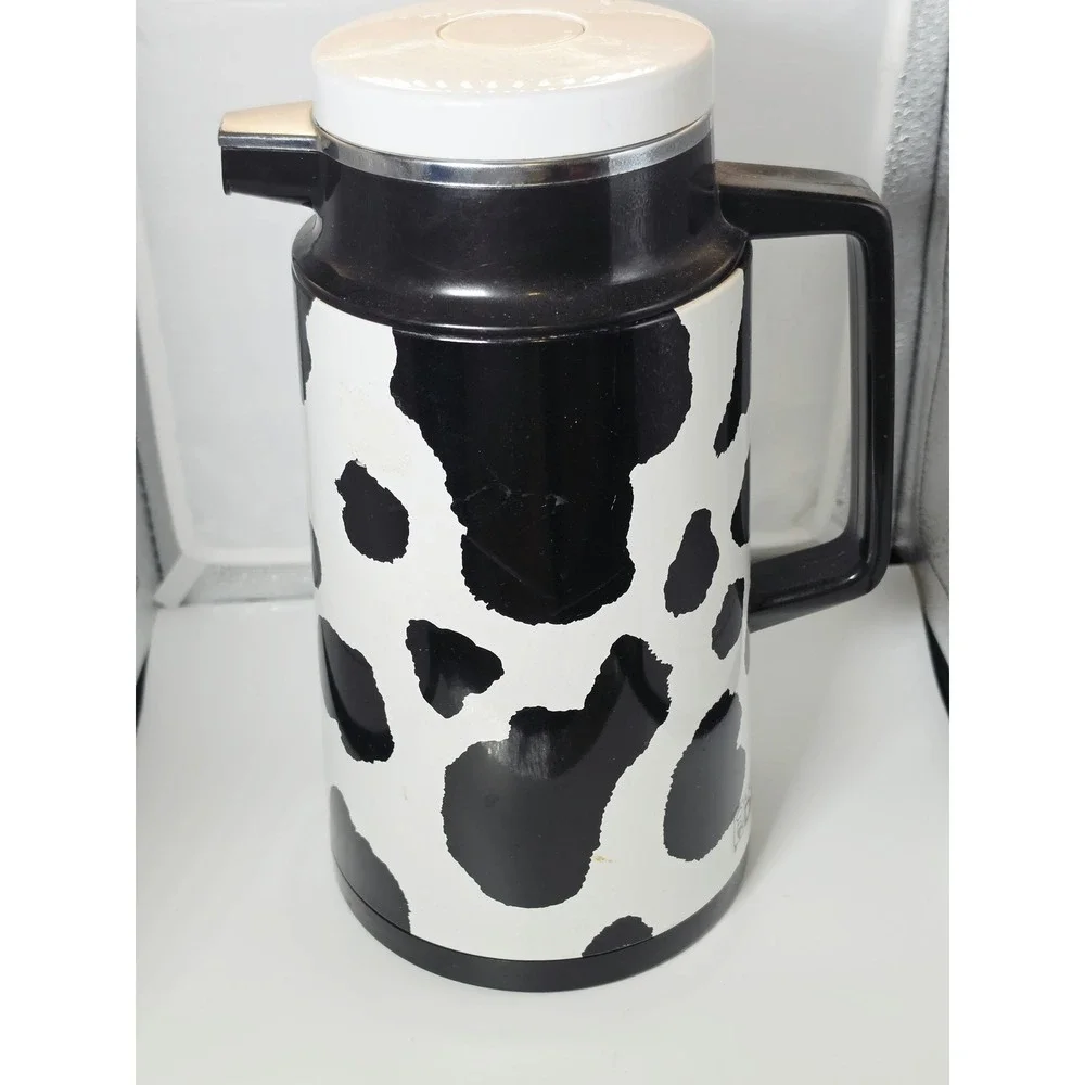 Vintage A.K. Das Cow Print Thermal Coffee Carafe Thermos Pitcher Taiwan Black